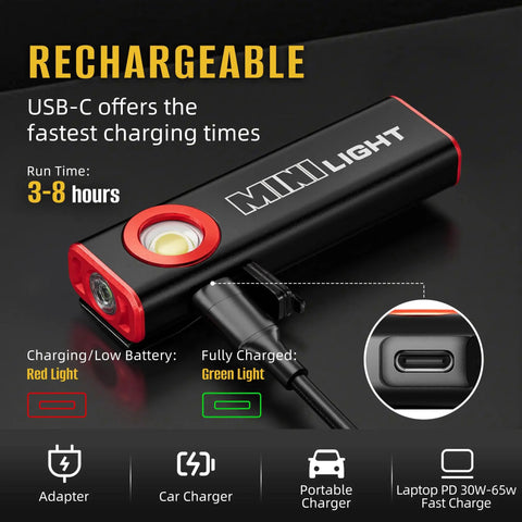 E1 1200 Lumen Dual Light Flashlight With Magnetic Flat EDC Design, USB-C charging, red and green status lights, and MINI LIGHT branding