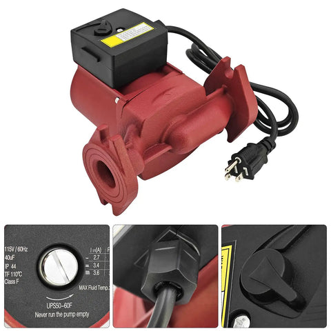 Heavy Duty Hot Water Circulator Pump Compatible With Grundfos Ups50 60F Featuring Solid Cast Iron Housing And Three Speed Motor Runs Smooth And Gets That Water Flowing Fast, showing red cast iron body and three speed motor.