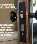 Old School Antique Interior Door Knobs With Mortise Lock Set And Vintage Skeleton Key Handles For Bathroom Bedroom Replacement Hardware That Fits 1-3/8 To 1-3/4 Inch Thick Doors Smooth As Butter Operation close-up view showing black knob and mortise lock installation.