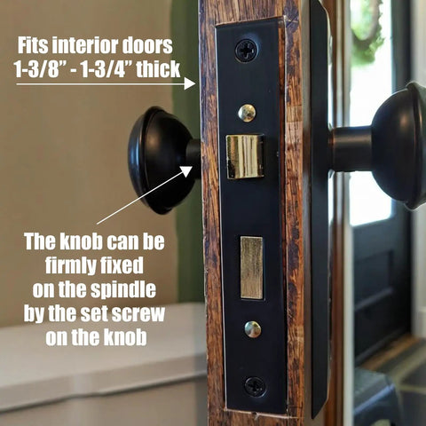 Old School Antique Interior Door Knobs With Mortise Lock Set And Vintage Skeleton Key Handles For Bathroom Bedroom Replacement Hardware That Fits 1-3/8 To 1-3/4 Inch Thick Doors Smooth As Butter Operation close-up view showing black knob and mortise lock installation.