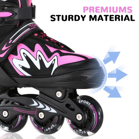 Close-up of Cool Adjustable Kids Inline Skates with full light up wheels, pink accents, aluminum frame, safe ankle support.