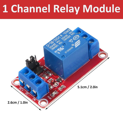 4 Pack 5V Relay Module One Channel Optocoupler with High-Current Switch for Home Projects showing compact relay module with connections.