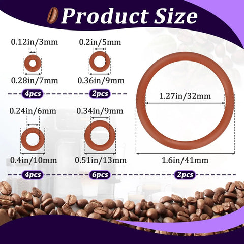 18 Piece O Ring Kit For Saeco Philips Gaggia Coffee Machines Food Grade Silicone Gaskets Set size chart with coffee beans