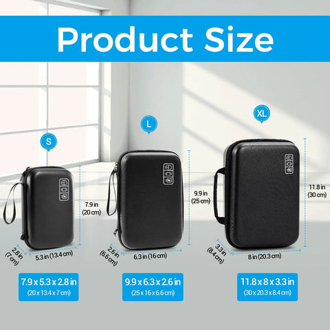 Hard Travel Electronic Organizer Case For MacBook Chargers Cables Power Bank Mouse Apple Pencil USB Drives And SD Cards Large Capacity EVA Gear Case With Durable Exterior And Soft Interior Padded Compartments in three sizes: small, large, and extra large, shown with dimensions.