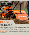 Person operating Heavy Duty Gas Tiller Cultivator With 7HP 209cc Engine, Adjustable Tilling Width And Depth for soil preparation