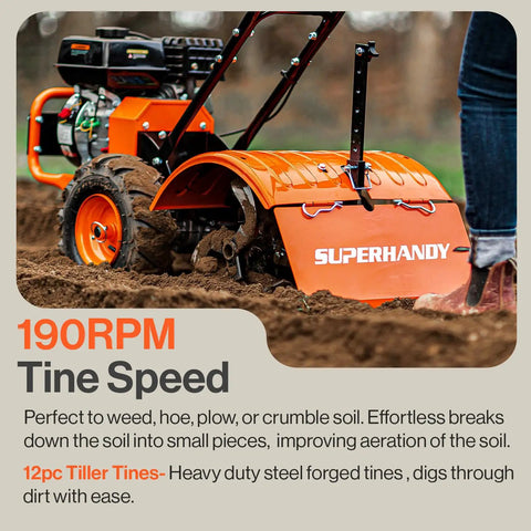 Person operating Heavy Duty Gas Tiller Cultivator With 7HP 209cc Engine, Adjustable Tilling Width And Depth for soil preparation