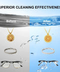 Slick Ultrasonic Jewelry Cleaner Machine With Four Hundred Fifty Milliliter Tank And Three Timer Modes To Deep Clean Rings Eyeglasses Watches And Toothbrush Heads Real Quick before and after comparison of jewelry and glasses.