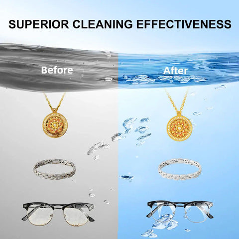 Slick Ultrasonic Jewelry Cleaner Machine With Four Hundred Fifty Milliliter Tank And Three Timer Modes To Deep Clean Rings Eyeglasses Watches And Toothbrush Heads Real Quick before and after comparison of jewelry and glasses.