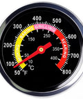 Grill Thermometer Built For Real Grilling With Two And Three Eighths Inch Oversized Dial And 50 To 800 Fahrenheit Range close-up.