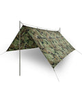 Supertarp Tarp Shelter In Pencott Wildwood Camo shown in A-frame setup, featuring reinforced attachment points and ripstop material.
