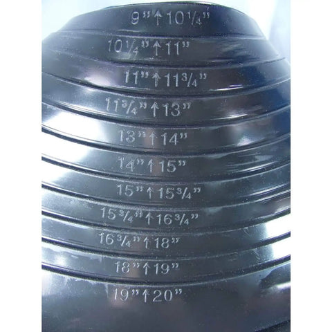 Close-up of size markings on Heavy Duty EPDM Pipe Flashing For 9 To 20 Inch Pipes Square Black Roof Jack Boot With Aluminum Collar