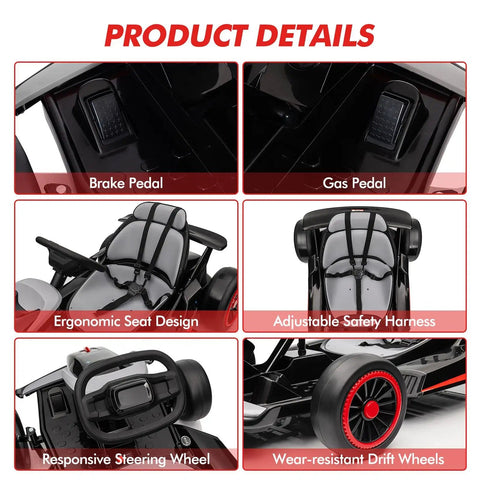 Detail view of 24V Electric Go Kart For Kids 6 To 12 With Dual 200W Motors, including pedals, ergonomic seat, and drift wheels.