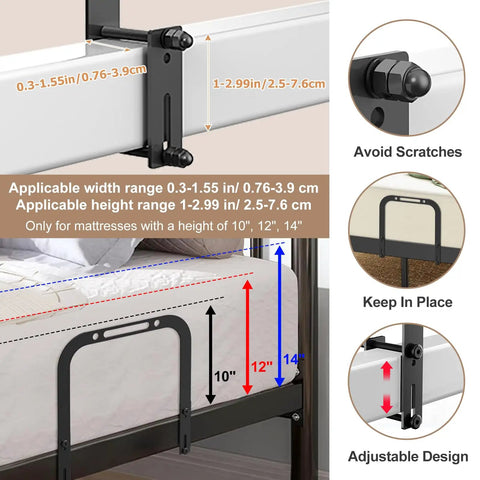 Lock Your Queen Size Mattress Down Straight Up With Set Of Two Extra Tall Anti Slip Bed Frame Retainer Bars Adjustable Metal Stoppers. Adjustable height range for mattress retention.