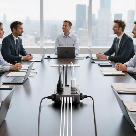 18 In 1 Power Strip With 12 AC Outlets 6 USB Ports Surge Protector 5 Ft Extension Cord 1440 Joules on conference table