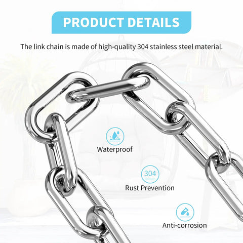 Close-up of waterproof stainless steel chain for heavy duty hammock hanging kit with 360 degree swivel, showcasing rust prevention.