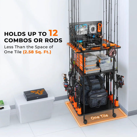 Indoor Fishing Rod Storage Cart For 12 Combos With A 3 Tier Tackle Rack And Peg Wall Built In Line Spooler Mobile Tackle Storage Cart With Locking Wheels Ultimate Gear Organizer For Home Garage Or Boat Shed
