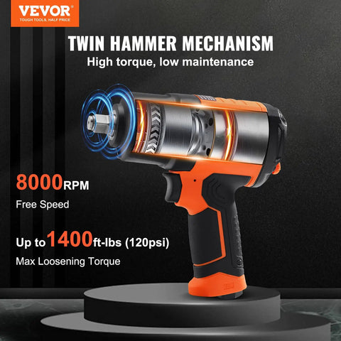 Half Inch Air Impact Wrench With 1400 Ft-Lbs Torque, Ultra Lightweight 4.6 Lbs, Twin Hammer Beast Power For Auto Repair