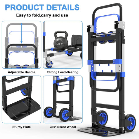 3 In 1 Folding Hand Truck With 500lbs Capacity, Convertible Dolly Cart on Wheels, showing adjustable handle and sturdy plate