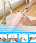 5 In 1 Bottle Cleaning Brush Set With Replaceable Heads And Straw Cleaners, showing usage with pink tumbler by the sink.