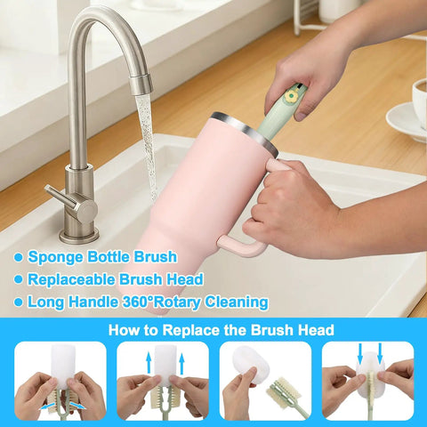 5 In 1 Bottle Cleaning Brush Set With Replaceable Heads And Straw Cleaners, showing usage with pink tumbler by the sink.