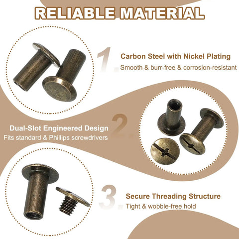 Super Slick Chicago Screws And Leather Rivets For Belt Bags M5 X 8mm Bronze Tone showing carbon steel screw details and design features.