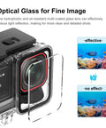 Close-up of Waterproof Housing Case for Insta360 Ace Pro 2 Camera with optical glass, showing before and after light reflection images.