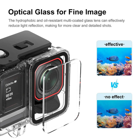 Close-up of Waterproof Housing Case for Insta360 Ace Pro 2 Camera with optical glass, showing before and after light reflection images.