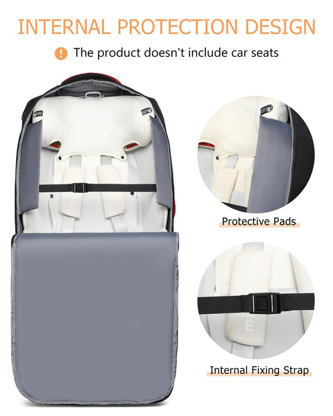 MCBD car seat travel bag with wheels, padded black and gray case with reflective strips for airplane gate check.