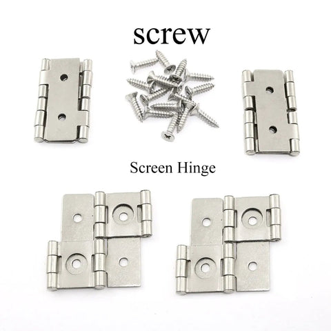 4 Pack White Nickel Screen Hinges For Kitchen Furniture 360 Degree Swivel Double Acting Heavy Duty Iron Folding Hardware With Mounting Screws showing screws and hinges.