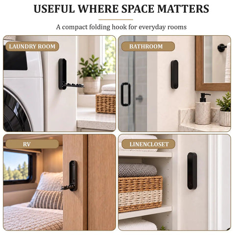 Sick Folding Wall Hooks Black Rounded Design Swivel Arms Tuck Flat Against Wall Space Saving Zinc Alloy Heavy Duty Coat Hangers For Jackets Bags Entryway Vibe in laundry room, bathroom, RV, and linen closet.