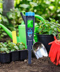 Easy To Use Soil pH Tester For Indoor Pots And Outdoor Gardens Pro Grade pH Meter for Soil in a garden setting with plants.