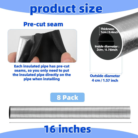 Eight Pack Foam Pipe Insulation With Aluminum Foil For Outdoor Spigots And Water Lines Self Adhesive Neoprene Tube Wrap Pre Slit Three Quarters Inch Inner Diameter Winter Freeze Protection, showing dimensions and pre-cut seams.