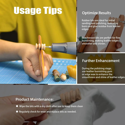 Hand holding leather disc while using Top Shelf Leather Burnishing Bits For Rotary Tools Heavy Duty Edge Finishing Kit.