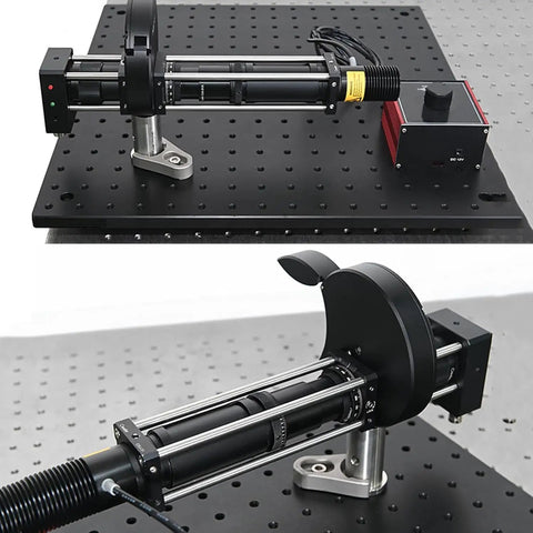 Six Position Telescope Filter Wheel Gear With Aluminum Alloy Body And Sunshade, shown on a perforated optical table