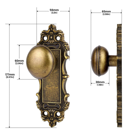 Side and front view of Bronze Interior Dummy Door Knobs, 2 Pack - Antique Bronze Door Handles, Vintage Brass Pulls For Pantry And Hallway, Classic Baroque Inspired Design, Easy Install, Left Or Right Hand Fit