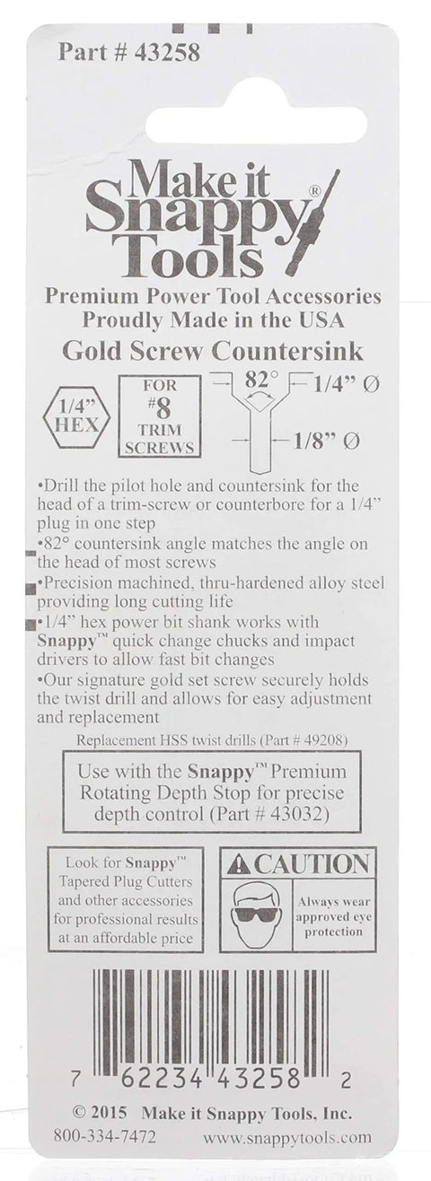 Back of Top Shelf 1/8 X 1/4 Inch Hex Shank Countersink Drill Bit With 82 Degree Angle packaging with details and instructions.