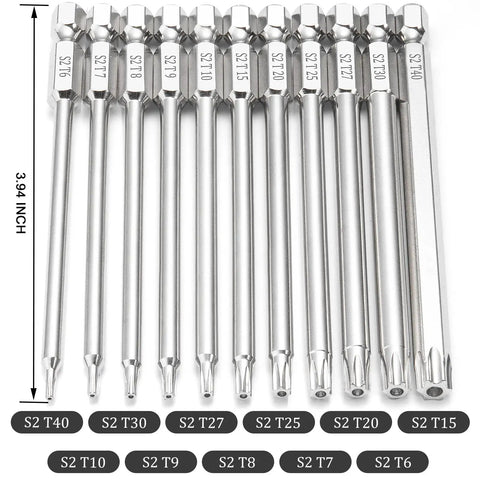 11 Piece Magnetic Tamper Proof Torx Bit Set T6 To T40 With One Quarter Inch Hex Shank S2 Steel Heat Treated Bits 4 Inches Long