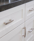 Brushed Nickel Cabinet Handles 10 Pack 3 Inch Center To Center Drawer Pulls for kitchen cabinets installed on white drawers