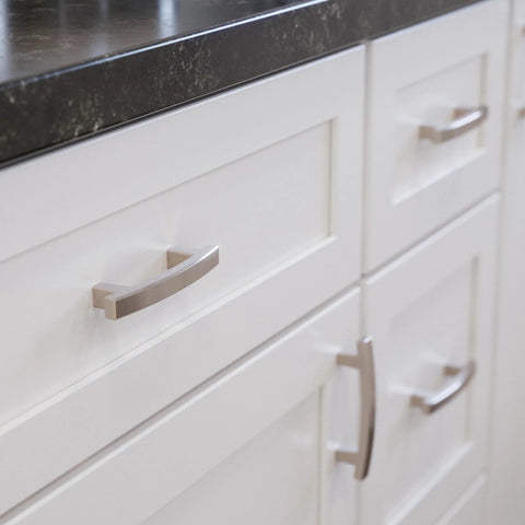 Brushed Nickel Cabinet Handles 10 Pack 3 Inch Center To Center Drawer Pulls for kitchen cabinets installed on white drawers