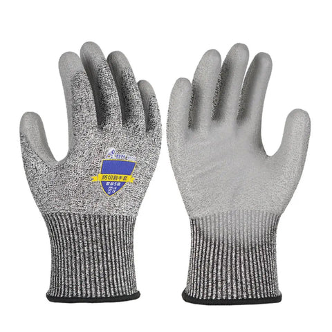 Heavy Duty Cut Resistant Work Gloves Featuring Level 5 Soft Armor And Grippy Reinforced Palms For Shop Yard Or Garage Tasks Built Tough With Breathable All Day Comfort - Grey color, close-up view.