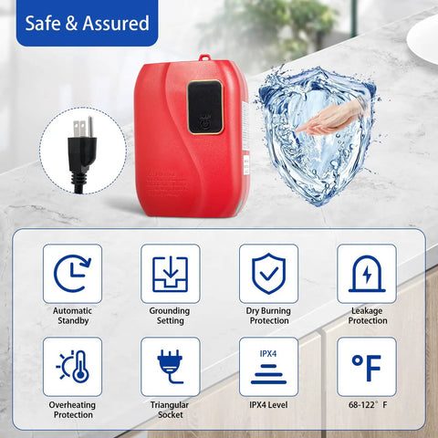 Top Shelf Tankless Electric Water Heater With Digital Display For Instant Hot Water On Tap In Kitchens And Bathrooms 110V 3000W showcasing safety features.