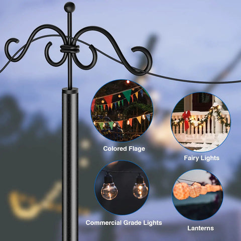 Heavy Duty Outdoor String Light Poles 9 Ft Two Pack For Backyard Patio Lights, Stable Metal Poles with decorative top.