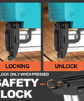 Cordless Brad Nailer And Staple Gun Combo Leveraging 21V Battery showing safety lock functions in locked and unlocked positions.