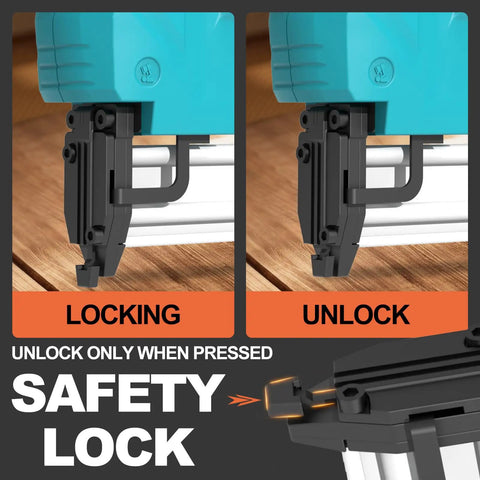 Cordless Brad Nailer And Staple Gun Combo Leveraging 21V Battery showing safety lock functions in locked and unlocked positions.