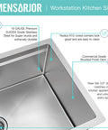 Close-up of 14 x 19 Inch Workstation Undermount Kitchen Sink With Single Bowl, 16 Gauge Stainless Steel, Built-In Track Accessories