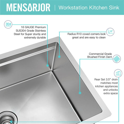 Close-up of 14 x 19 Inch Workstation Undermount Kitchen Sink With Single Bowl, 16 Gauge Stainless Steel, Built-In Track Accessories