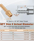Diagram of 5 Pack Brass Hose Barb Fittings One Quarter Inch Barb To One Eighth Inch NPT Male Thread Air Water Fuel Line Adapters Connector showing dimensions and NPT size conversion chart.