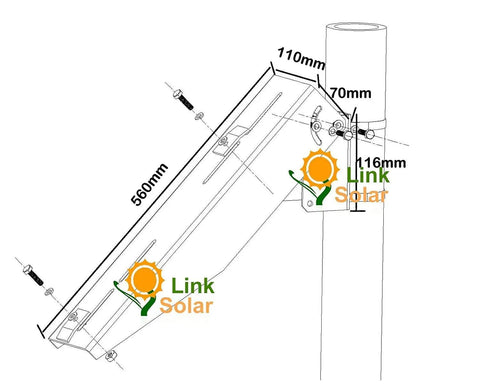Diagram of Pole Mount Kit With Single Arm Brackets For Solar Panels 5W To 50W Universal Fit 5052 Aluminum Brackets, dimensions shown.