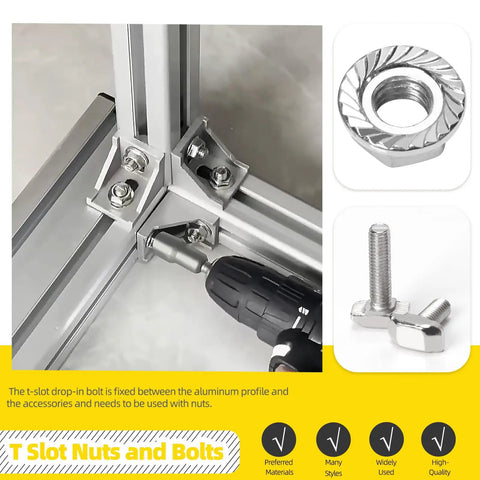 Installation of 40 Series M8 T-Slot Drop-In Bolts Set on Aluminum Extrusion with Hammer Head and Flange Nuts