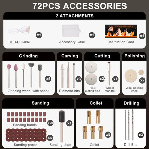72-piece accessories set for Cordless Mini Rotary Tool Kit including grinding, carving, cutting, polishing, sanding, collet, and drill bits